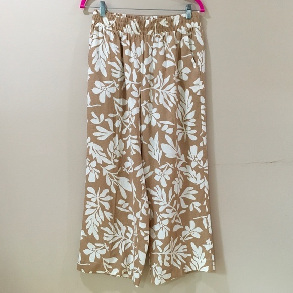 Christian Siriano Pants - Christian Siriano Linen Palazzo Pants Wide Leg Cropped Brown White Tropical Sz M